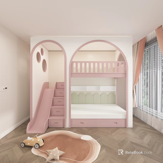 Cute Pink Kids' Bunk Bed With Slide Safety Railing Drawers And Arched Design 3d model 