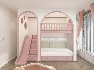 Cute Pink Kids' Bunk Bed With Slide Safety Railing Drawers And Arched Design 3d model