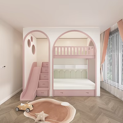 Cute Pink Kids' Bunk Bed With Slide Safety Railing Drawers And Arched Design 3d model