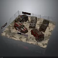 Barbed Wire Fence Enclosed Abandoned Vehicles With Warning Signs In Desert Terrain