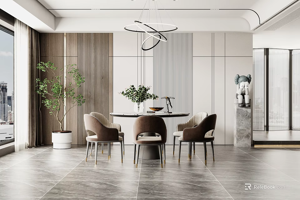 Modern Restaurant Interior Design Featuring Round Dining Table Beige Chairs Green Plants And Chandelier 3d model 