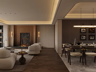 Modern Living Room Interior With Fireplace Light Colored Sofas Wooden Flooring And Chandelier 3d model