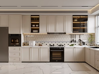 Modern Kitchen Interior With White Cabinets Black Appliances Hexagonal Tile Backsplash And Glass Shelves 3d model