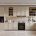 Modern Kitchen Interior With White Cabinets Black Appliances Hexagonal Tile Backsplash And Glass Shelves