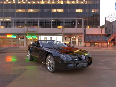 Black Convertible Sports Car Parked On Urban Street With Neon Lights 3d model