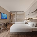 Elegant Hotel Guest Room With Twin Beds Mountain Landscape Art Flat Screen TV And Writing Desk