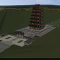 Traditional Chinese Multi Tiered Pagoda With Green Lawn Plaza And Ancillary Buildings