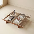 Modern Minimalist Coffee Table With Glass Top Wooden Frame And Decorative Books Teapot Tray