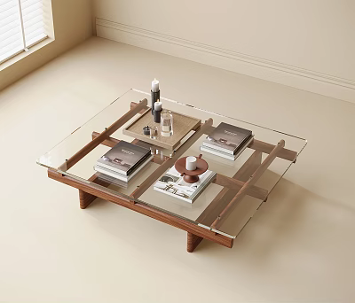 Modern Minimalist Coffee Table With Glass Top Wooden Frame And Decorative Books Teapot Tray 3d model