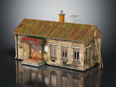 Vintage Country Inn Model With Rusty Roof Chimney Antenna Old Windows And Ladder 3d model