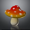 Red and White Spotted Mushroom with Yellow Gradient Cap and White Stem on Dark Background