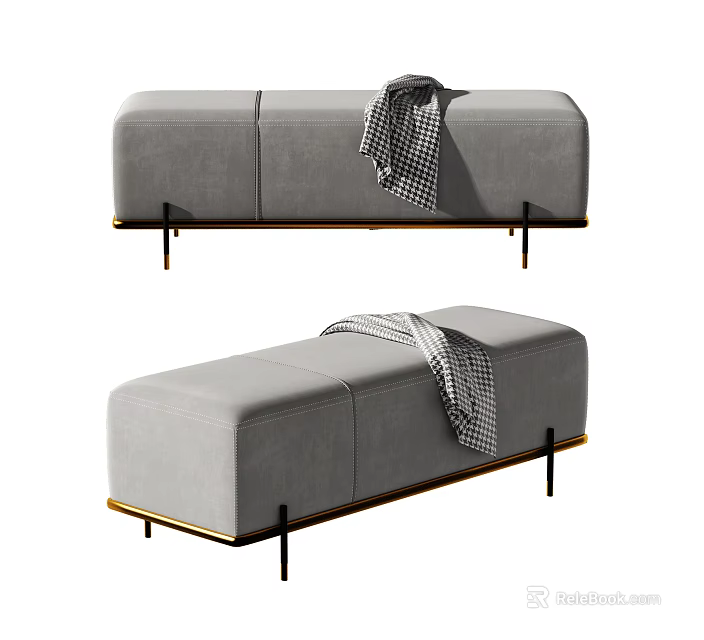 Modern Gray Upholstered Ottoman Bench with Gold Frame and Checkered Blanket 3d model 