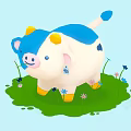 Cartoon Cow Plush Toy With Blue White Body Yellow Accents On Green Grass With Flowers