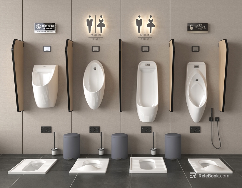 Modern Public Restroom With Wall Mounted Urinals 3d model 