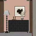 Modern Entryway Console Table Design With Decorative Vase Floor Lamp And Wall Art