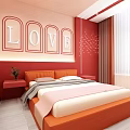 Elegant Hotel Guest Room with Pink Red Walls LOVE Decor Bed Pillows Bathtub Window Curtains