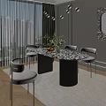 Modern Dining Table Set with Marble Pattern Tabletop Black Striped Legs Light Gray Metal Chairs 3d model