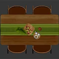 Wooden Dining Table Set with Four Chairs Green Table Runner and Fruit Plate