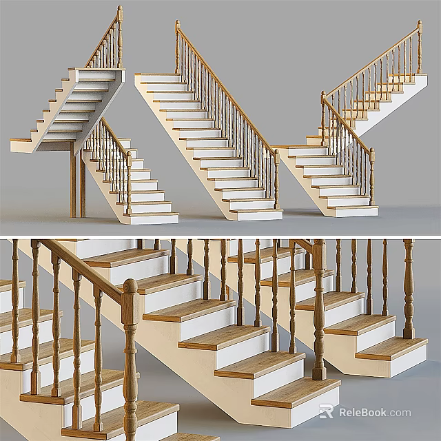 Elegant Indoor Staircase Designs Featuring Wooden Railings And White Steps 3d model 
