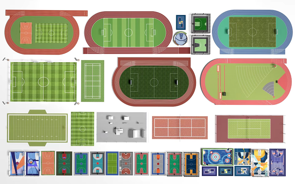 Various Football Field Layouts With Running Tracks And Sports Facilities 3d model 