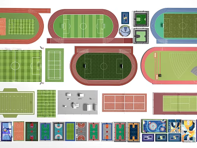 Various Football Field Layouts With Running Tracks And Sports Facilities 3d model