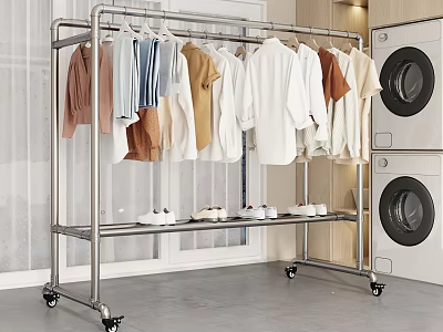 Stainless Steel Garment Rack With Hanging Clothes And Shoes Near Washing Machines 3d model