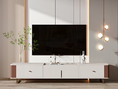 Modern White TV Stand With Drawers TV Mounted Above Decorative Plant And Pendant Lights 3d model