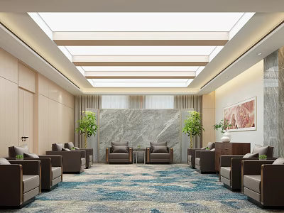 Modern Conference Room With Wooden Walls Marble Accent Wall Green Plants Carpet And Armchairs 3d model