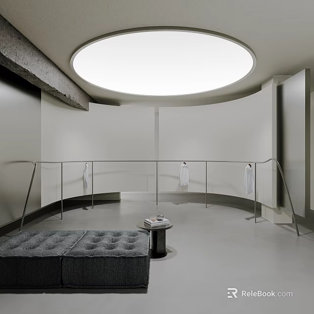 Modern Clothing Store With Circular Skylight Curved Walls Metal Railings And White Clothes 3d model 