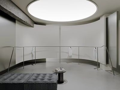 Modern Clothing Store With Circular Skylight Curved Walls Metal Railings And White Clothes 3d model