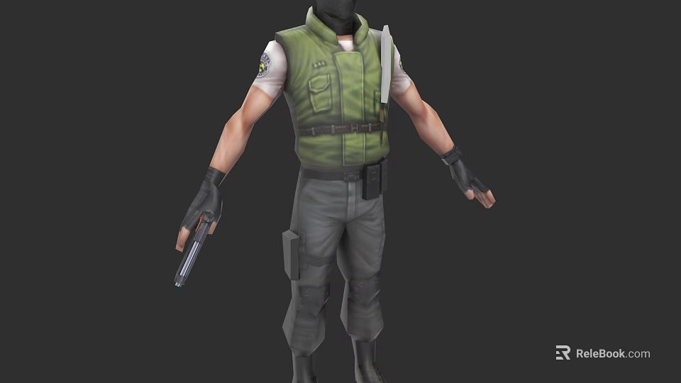 Game Movie Character Wearing Green Vest White T-Shirt Gray Pants Black Gloves With Gun Armband 3d model 