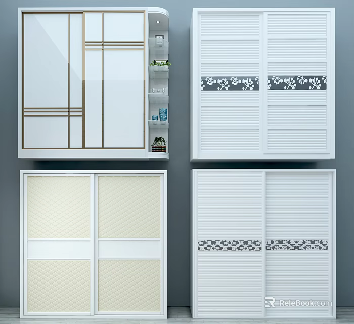 Modern White Wardrobe With Sliding Doors Golden Lines Glass Panels And Louvered Patterns 3d model 