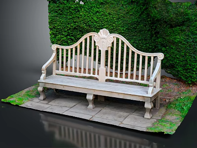 Solid Wood Outdoor Bench With Carved Backrest In Lush Garden Greenery Setting 3d model