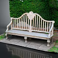 Solid Wood Outdoor Bench With Carved Backrest In Lush Garden Greenery Setting 3d model