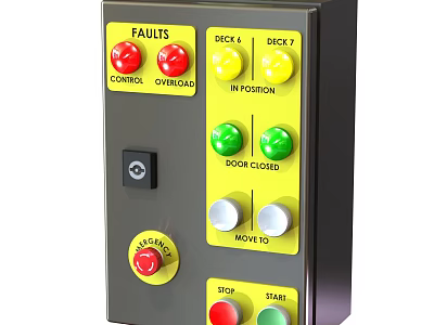 Industrial Control Panel With Colored Buttons Indicator Lights And Function Labels 3d model