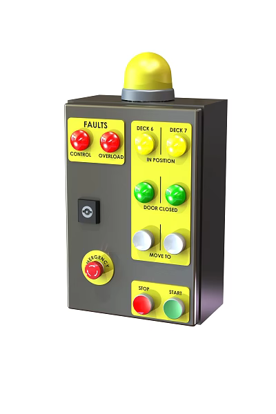 Industrial Control Panel With Colored Buttons Indicator Lights And Function Labels 3d model
