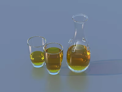 Refreshing Yellow Drink in Glass Decanter and Two Glasses on Light Surface 3d model