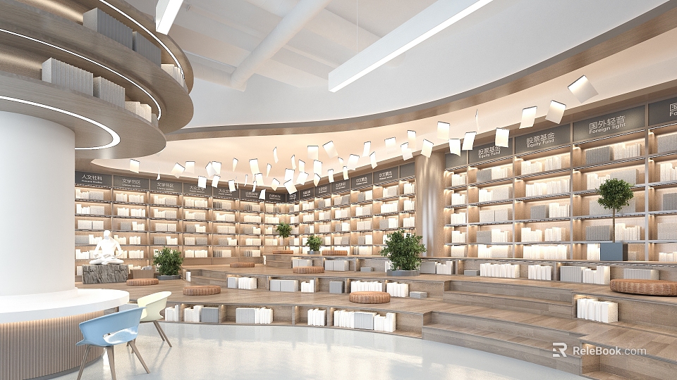 Book Art Inspired Library Interior With Curved Bookshelves Tiered Seating And Modern Lighting 3d model 