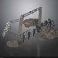 Industrial Construction Scene Components With Metal Frame Rocks Wooden Crate And Traffic Cone