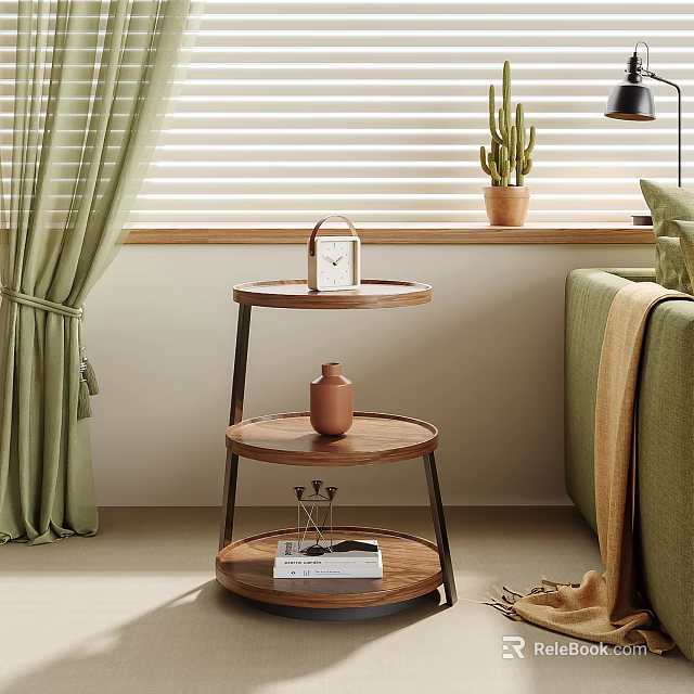 Three Tiered Wooden Side Table in Modern Living Room with Green Curtains Sofa and Decor 3d model 