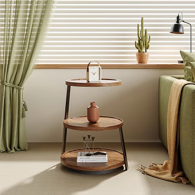 Three Tiered Wooden Side Table in Modern Living Room with Green Curtains Sofa and Decor 3d model