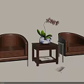 Brown Leather Armchairs And Wooden Coffee Table With Blue White Vase Pink Orchid And Magazines