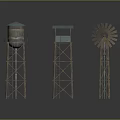 Various Tower Structures Featuring Water Tower Watchtower and Windmill With Wooden Frames and Metal Supports