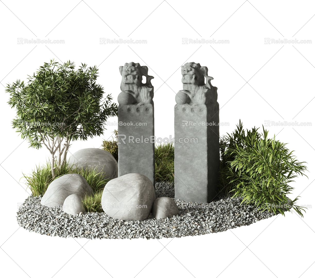 Chinese Style Stone Plant Landscape Sick Horse Pillar Green Plant Pile Pebbles Gravel Garden Art 3d model