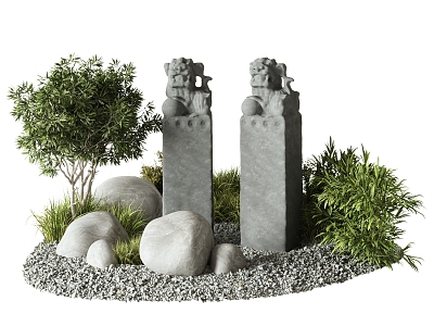 Chinese Style Stone Plant Landscape Sick Horse Pillar Green Plant Pile Pebbles Gravel Garden Art 3d model