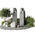 Chinese Style Stone Plant Landscape Sick Horse Pillar Green Plant Pile Pebbles Gravel Garden Art 3d model