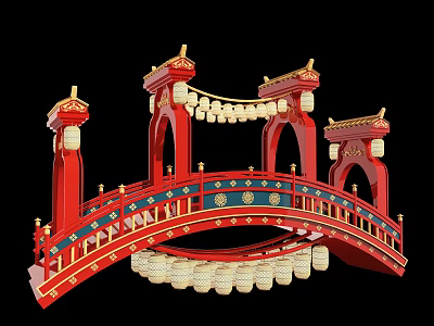 Chinese Style Stage With Red Decorative Bridge And Hanging Lanterns 3d model