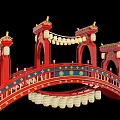 Chinese Style Stage With Red Decorative Bridge And Hanging Lanterns