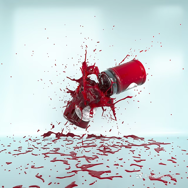 Red Sauce Jar Splashing Liquid On Light Blue Surface With Spilled Drops 3d model 