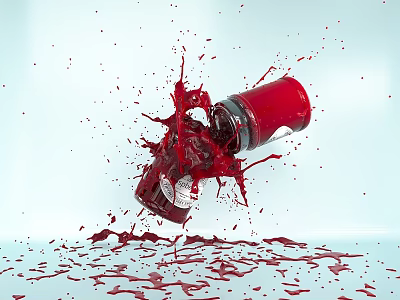 Red Sauce Jar Splashing Liquid On Light Blue Surface With Spilled Drops 3d model